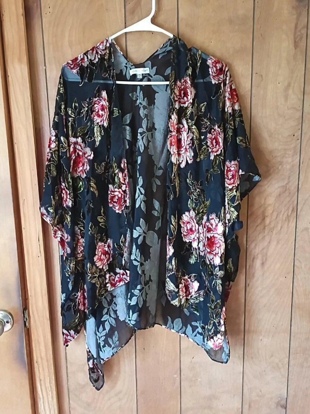 Woven Heart Women’s One Size Floral Wrap Kimono Black Sheer Asymmetrical